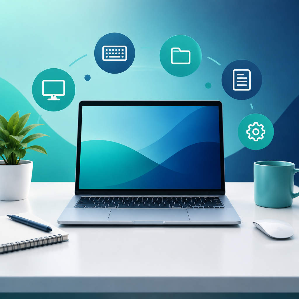 Laptop and learning icons on a teal and navy background