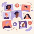 Video meeting tiles with microphone and sharing icons