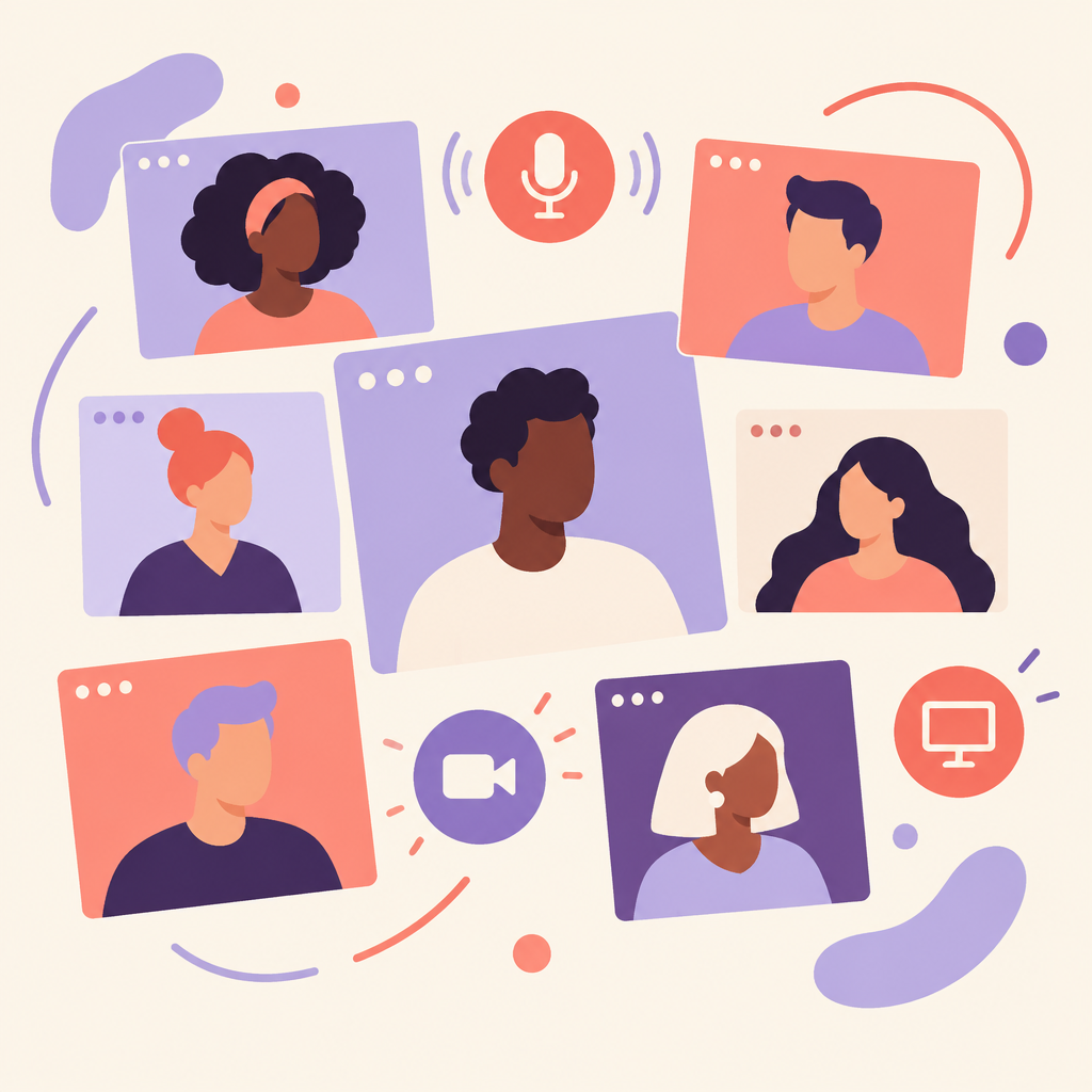 Video meeting tiles with microphone and sharing icons