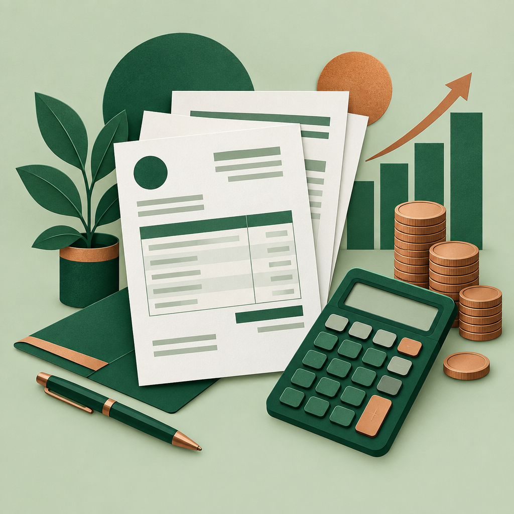 Invoices, calculator and charts representing bookkeeping