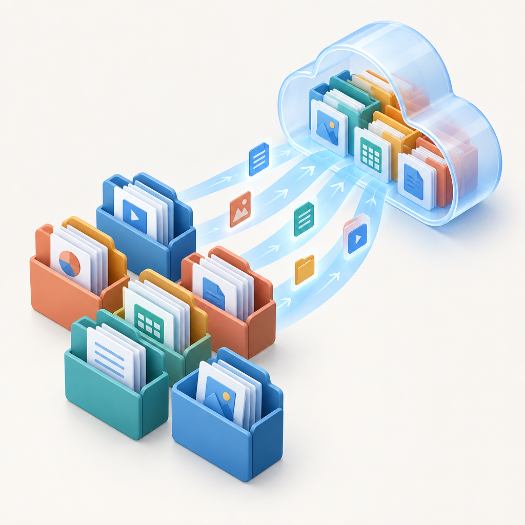 Organized folders flowing into a cloud archive