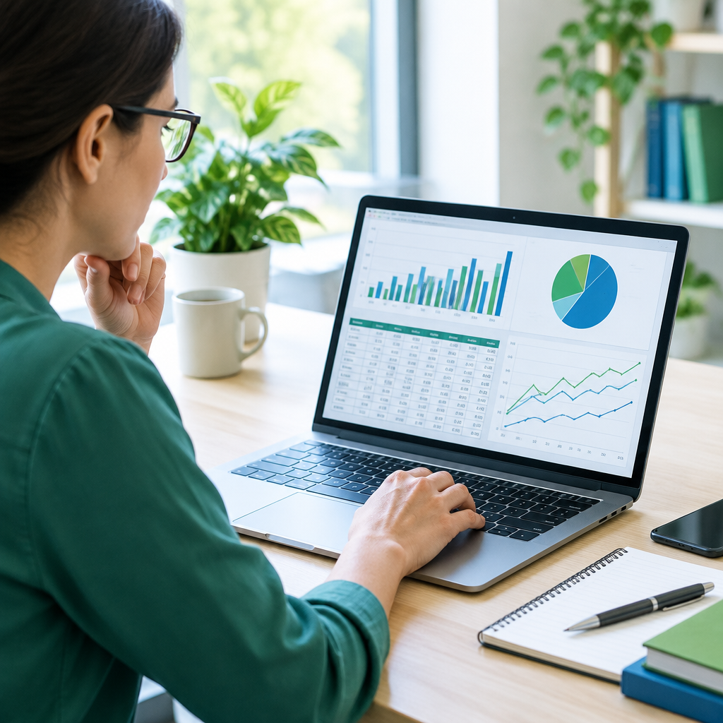Professional analyzing spreadsheet charts on a laptop