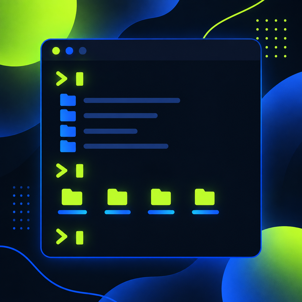 Glowing terminal prompt and folder icons