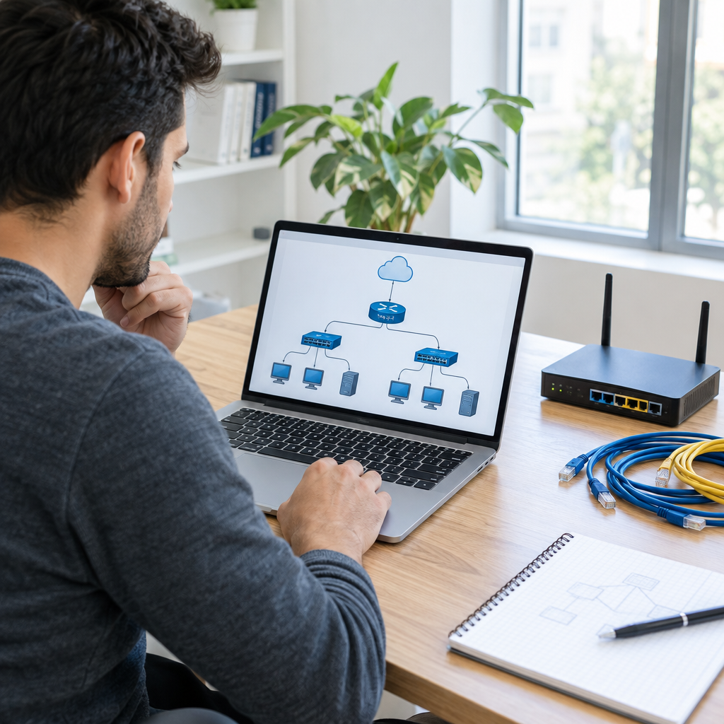 Learner studying computer network diagrams at a laptop
