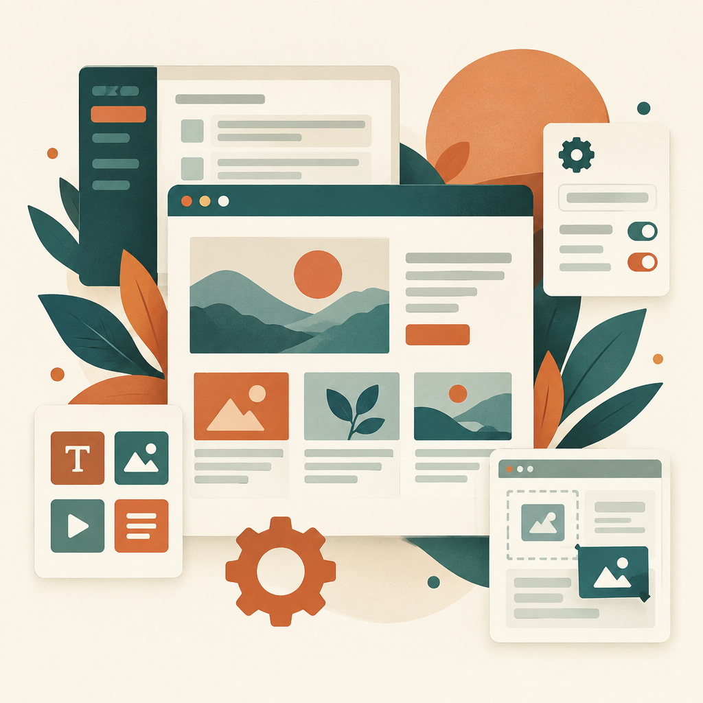 Layered website content panels and settings gear