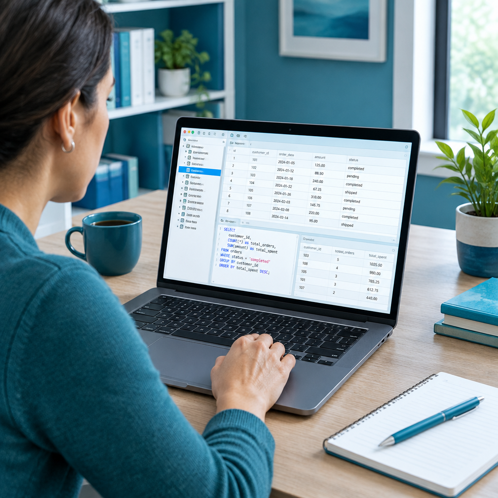 Learner exploring database tables on a laptop