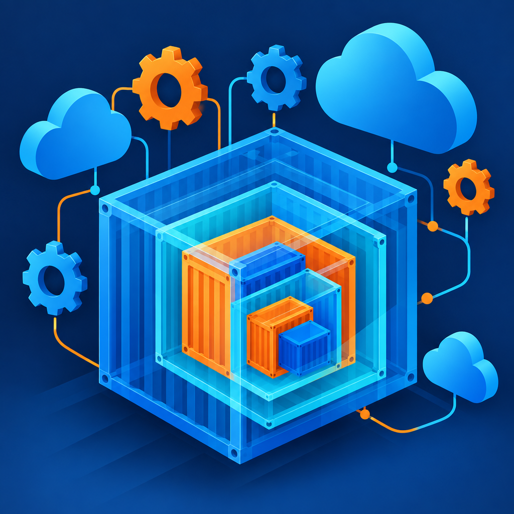 Stacked software containers with a developer terminal motif