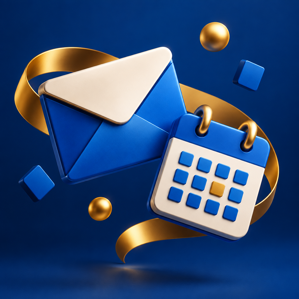 Sculptural envelope and calendar tiles on blue