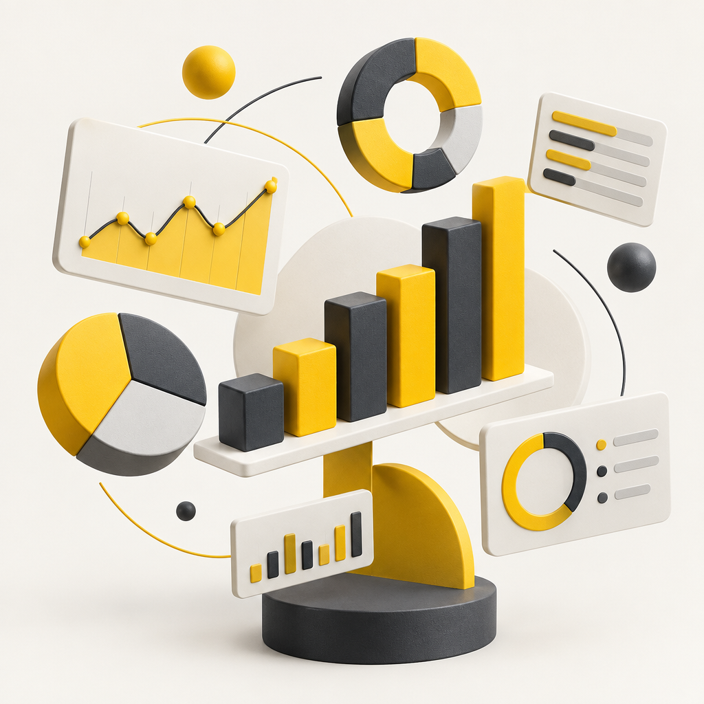 Sculptural yellow charts and dashboard tiles