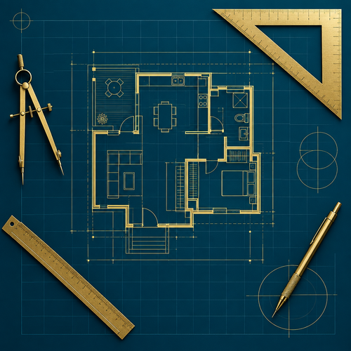 Architectural floor plan on deep teal blueprint