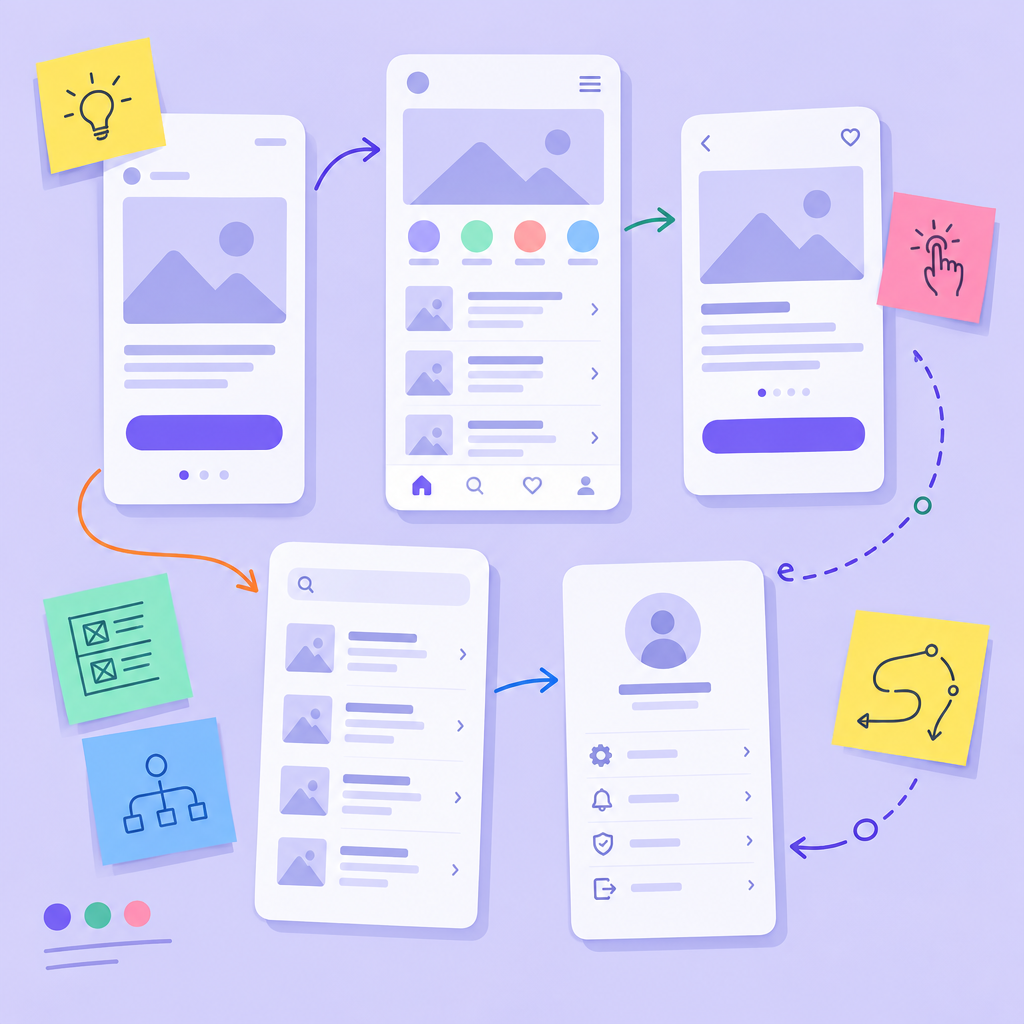 App wireframes and colorful user journey notes