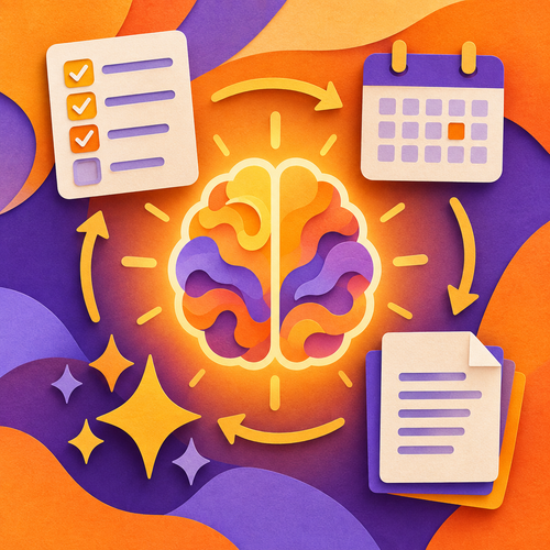 Colorful paper-cut AI productivity workflow illustration