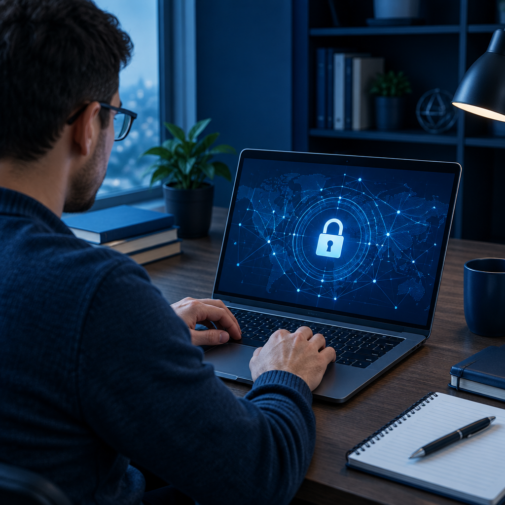 Learner studying cybersecurity on a laptop