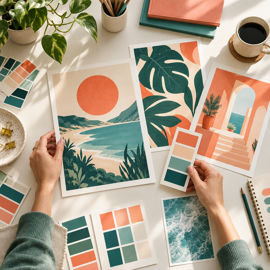 Creative workspace with hands arranging posters and color swatches