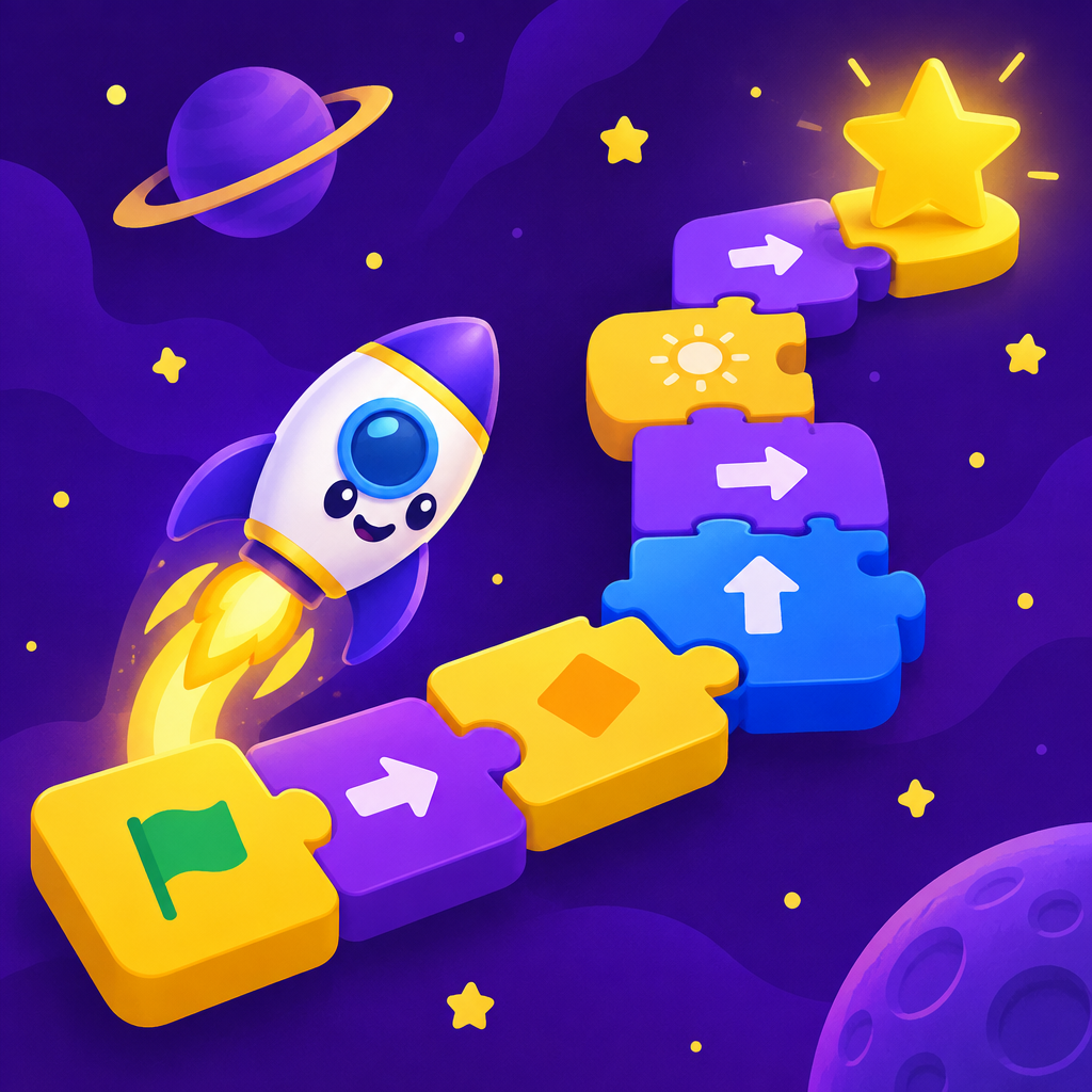 Colorful coding puzzle blocks and a small rocket