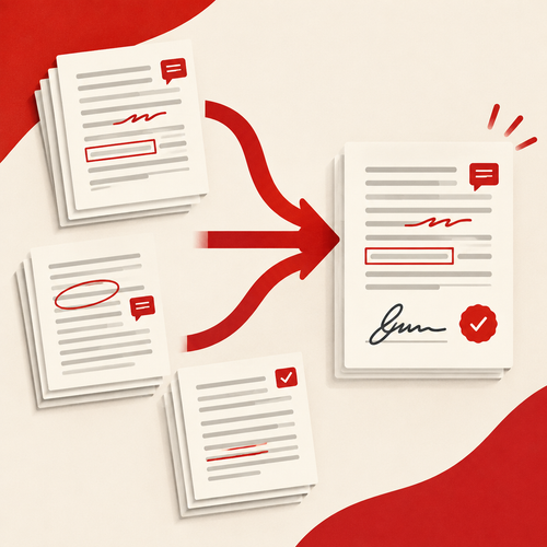 Layered PDF pages with annotation and form icons