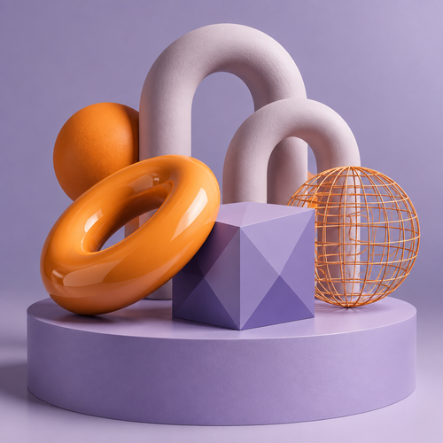 Sculptural 3D shapes and wireframe sphere