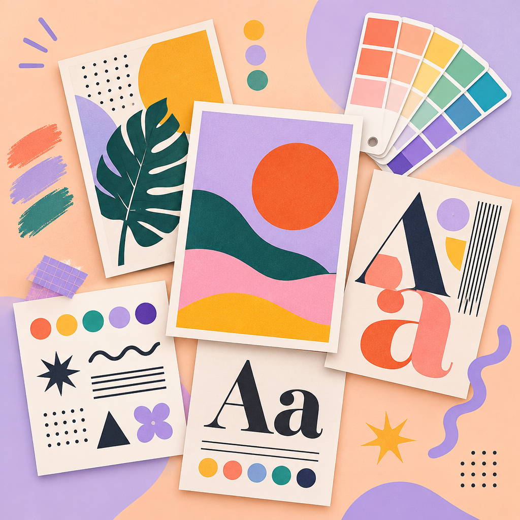 Creative design collage with layouts and color swatches