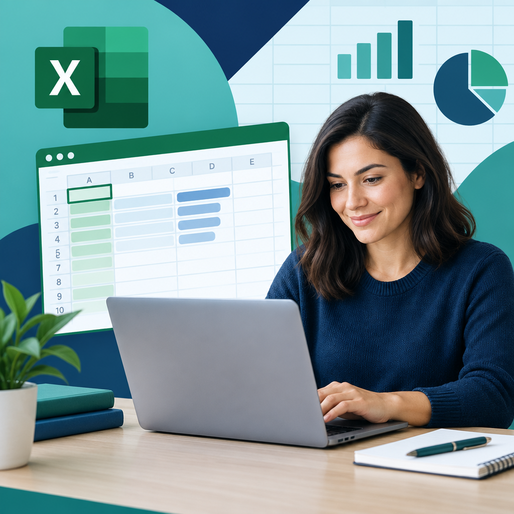 Abstract spreadsheet and laptop illustration for Excel course