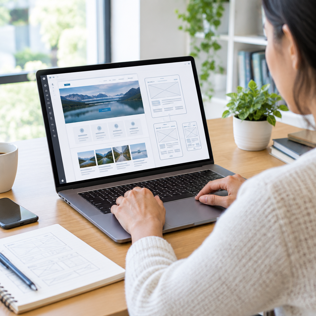 Learner working on website design wireframes at a laptop