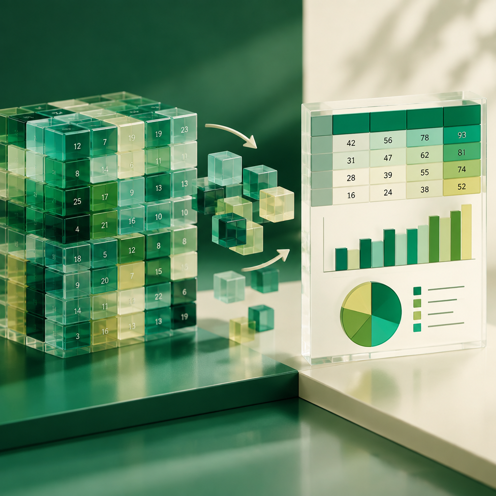 Data cubes rearranging into colorful summary charts