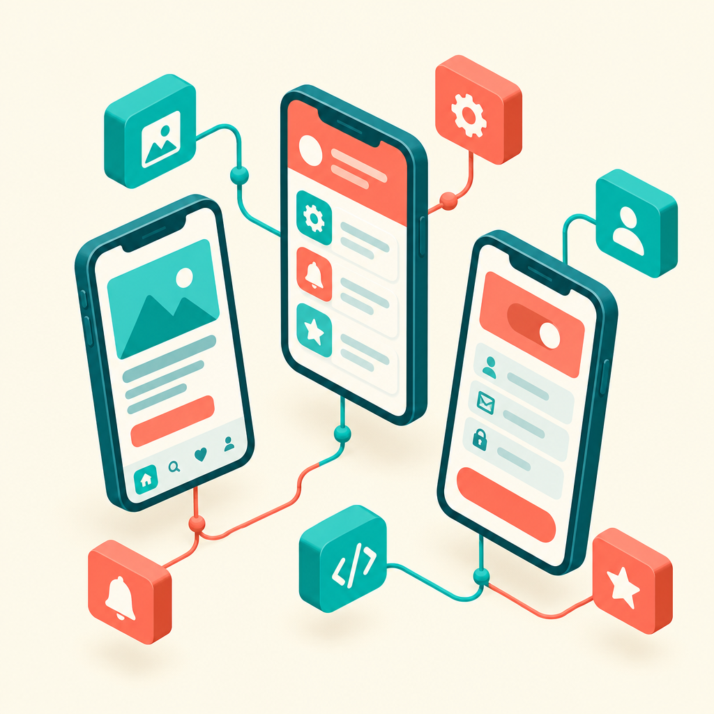 Isometric mobile app screens and modular interface blocks