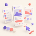 Floating mobile interface wireframes and color swatches