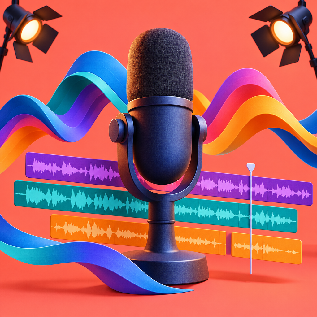 Microphone with colorful waveform ribbons