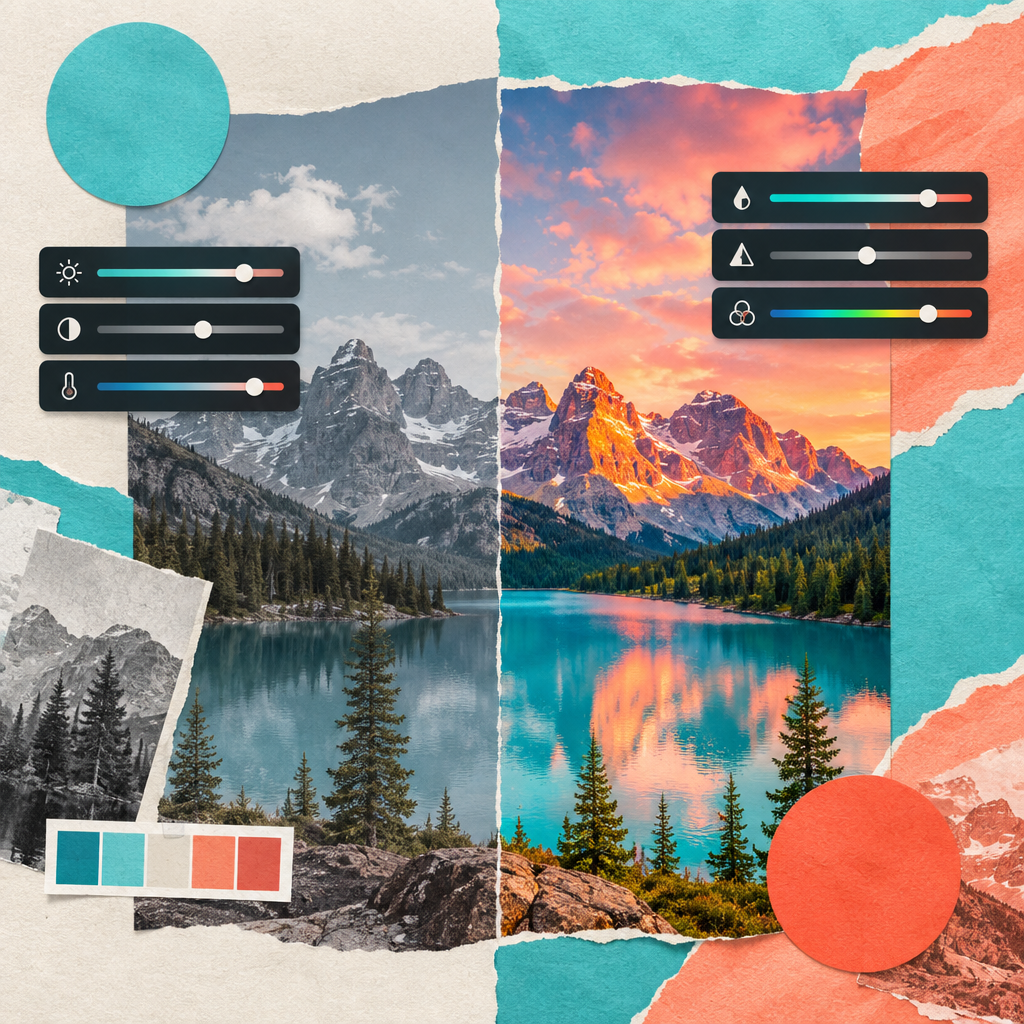 Before-and-after landscape photo with color controls