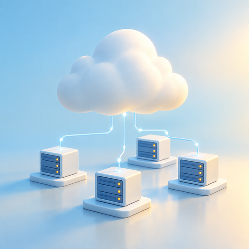 Sculptural cloud connected to server blocks