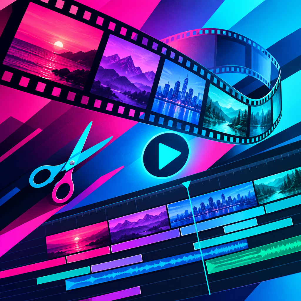 Colorful film strips and video editing timeline illustration