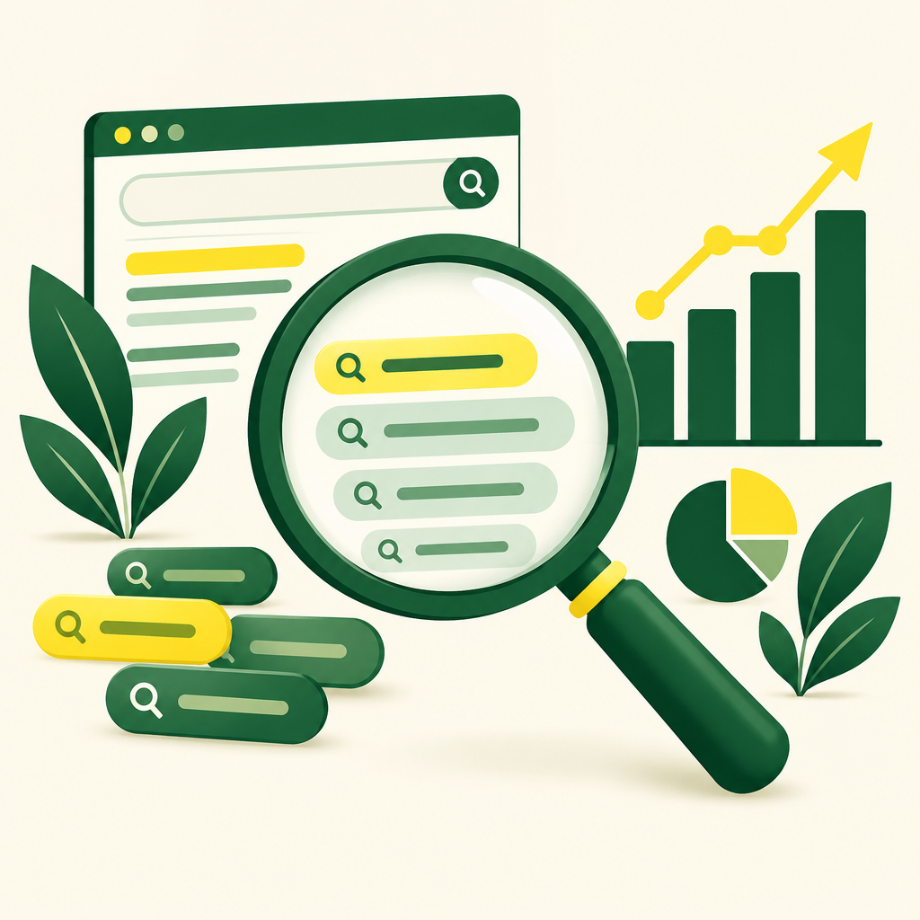 Search magnifier revealing keyword clusters and ranking chart