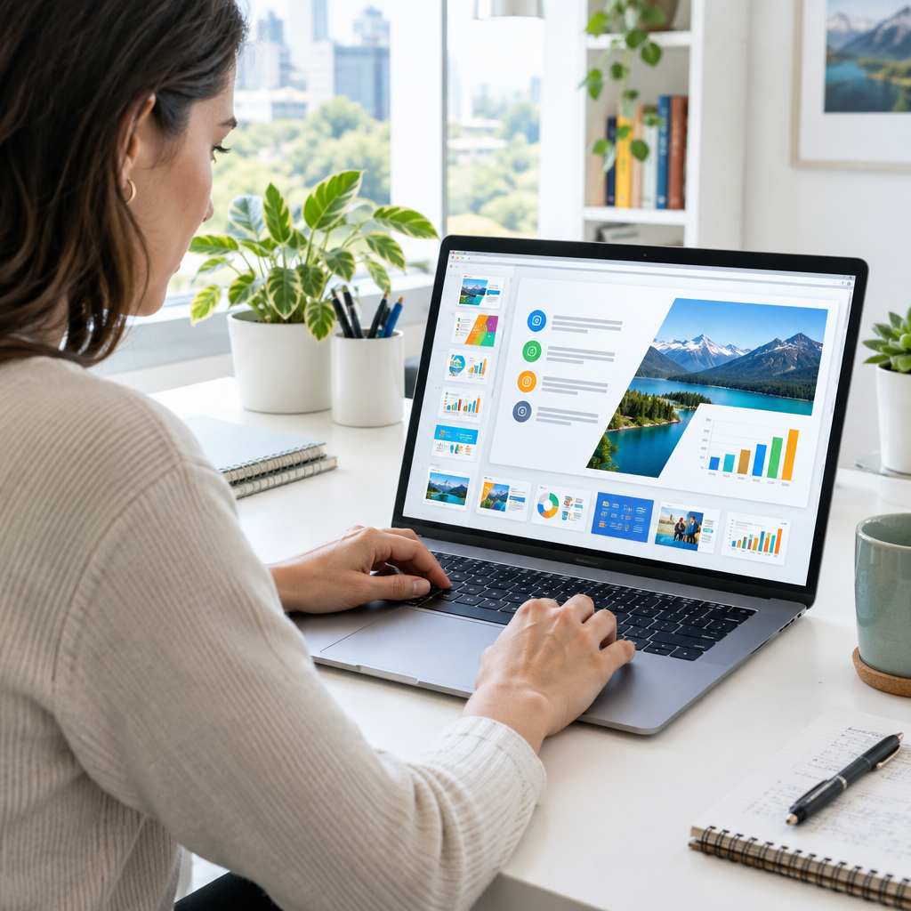 Professional designing presentation slides on laptop