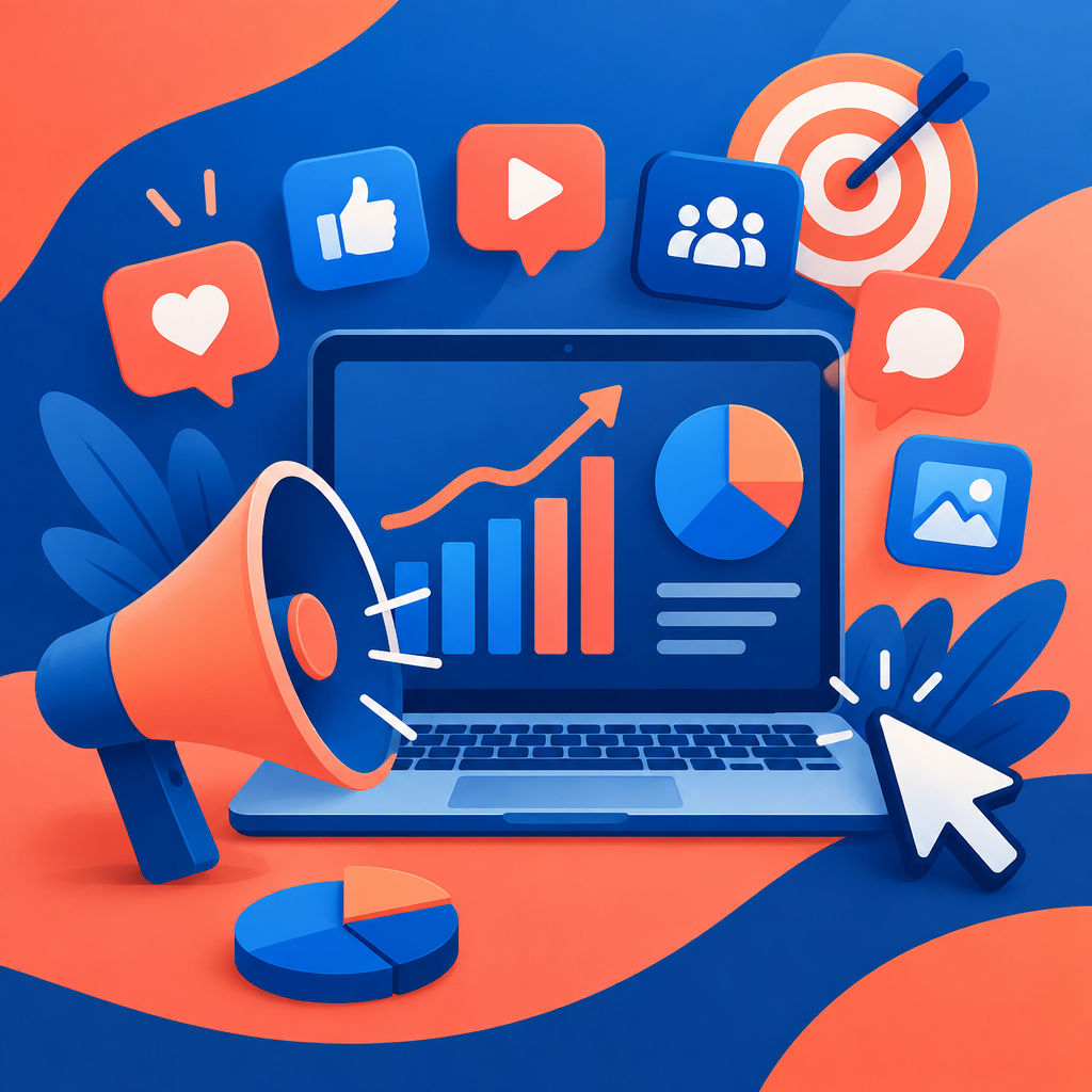 Digital marketing analytics and megaphone illustration