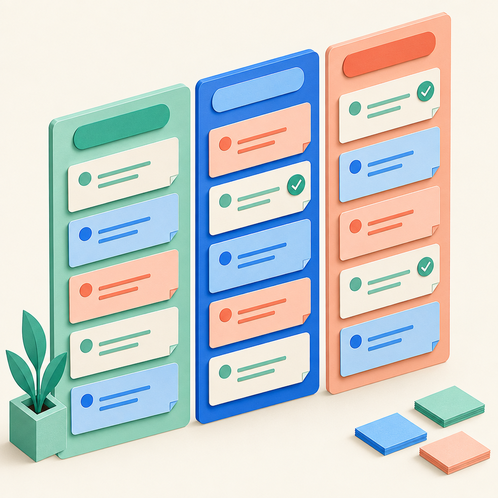 Colorful kanban task cards in project columns